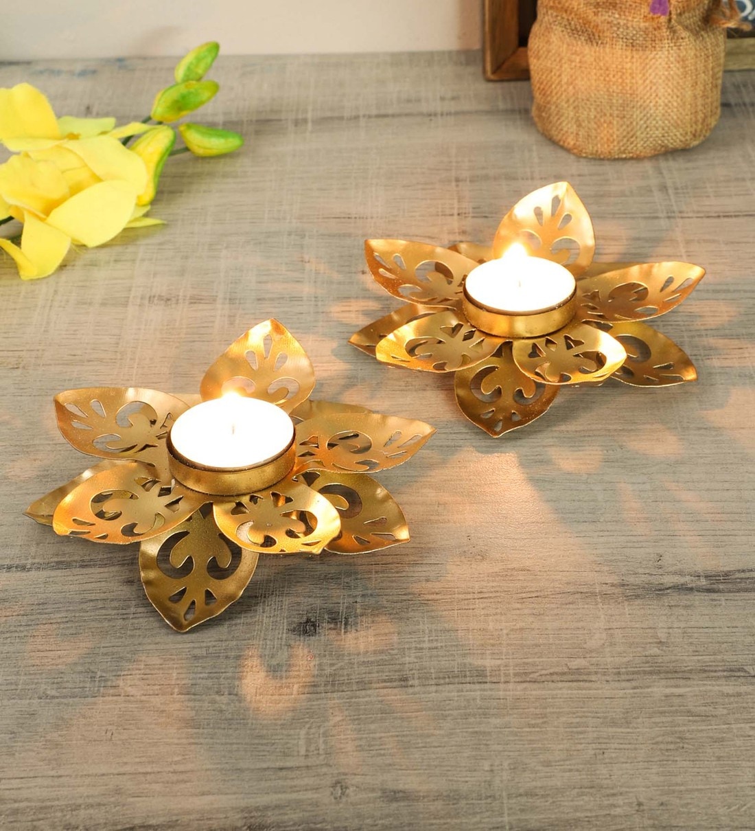 Small Flower Cut Lotus Gold Metal Table Tea Light Holder Set Of 2, By Amaya Decors