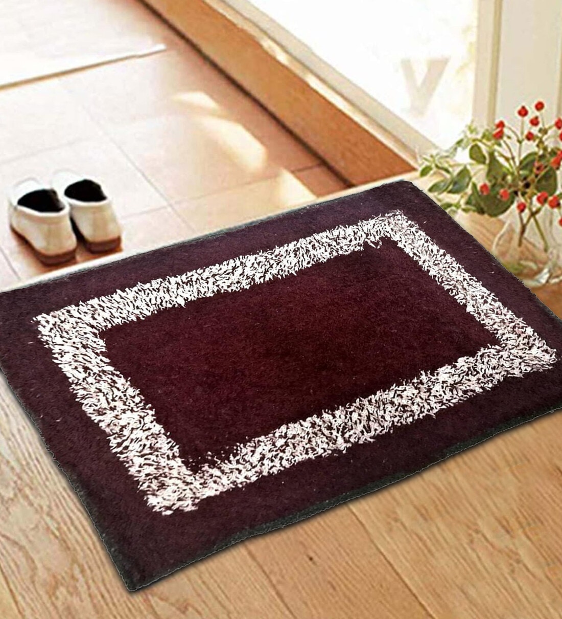 Brown Geometric Cotton 15 x 23 Inches Water Absorbent Door Mat, By Status