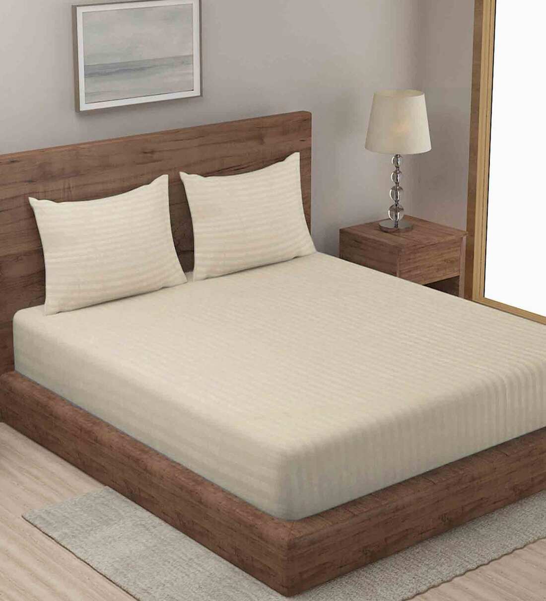 Cream Striped 210 TC Poly Cotton King Sized Bed Sheets with 2 Pillow Covers, By Klotthe