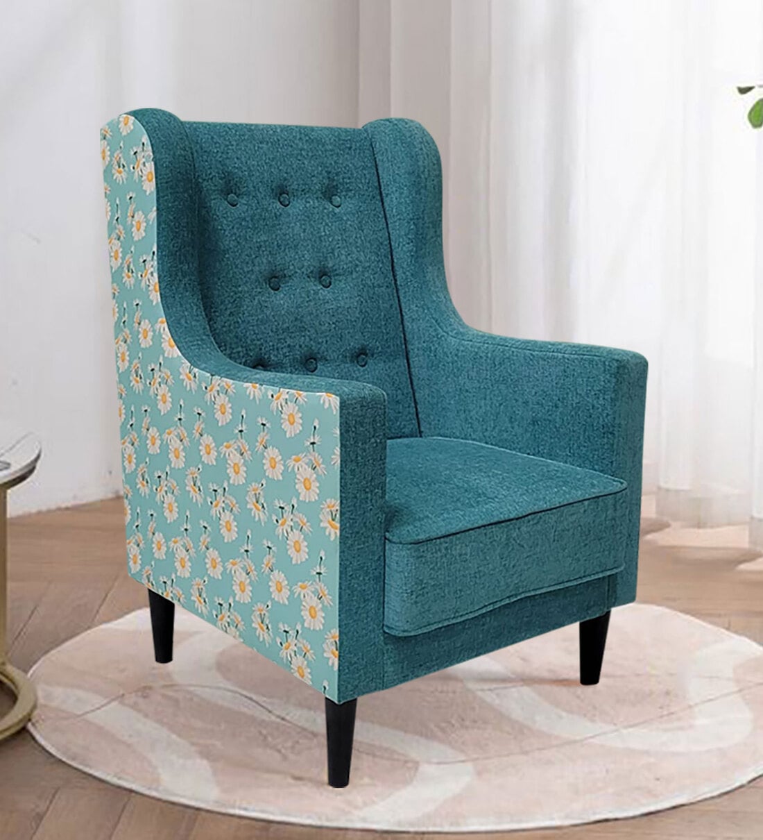 Bradley Fabric Wing Chair in Sea Green Colour, By ARRA