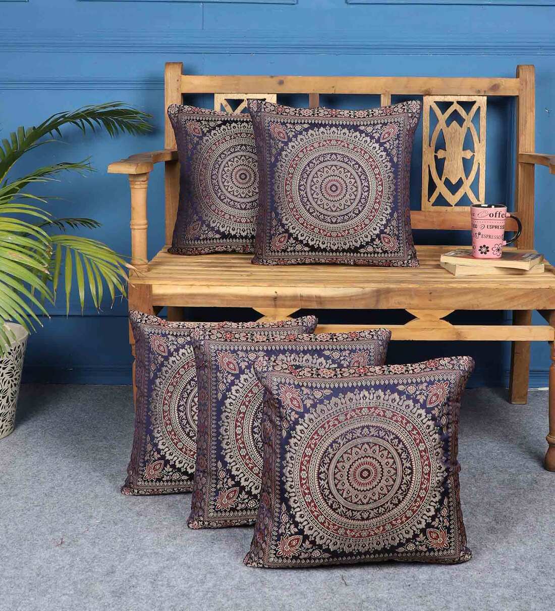 Blue Traditional Poly Cotton 16 x 16 Inches Cushion Covers (Set of 5), By MFD Home Furnishing