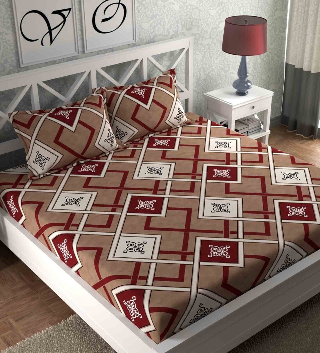 Brown Geometric 180 TC Microfiber Queen Sized Bed Sheets with 2 Pillow Covers, By CG HOMES