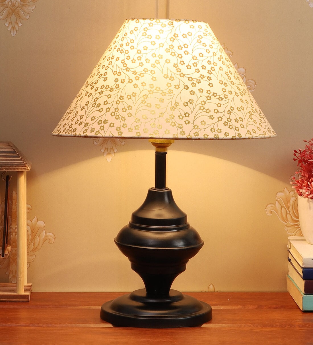 Marazzi Beige and Gold Fabric Shade Night Lamp With Metal Base, By Foziq
