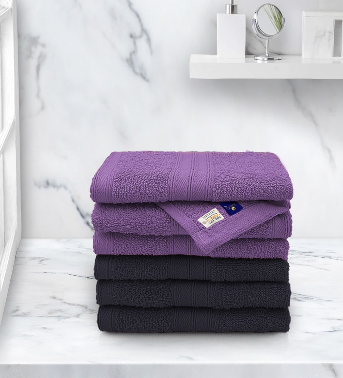 Navy Blue and Purple Anatolia Solid 500 GSM Cotton Face Towels (Set Of 6), By Sassoon fab