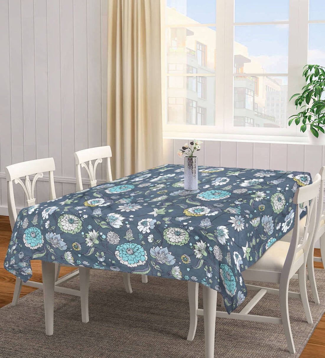 Floral (72x52) Grey Poly Cotton Table Cloth, By Fabinaliv