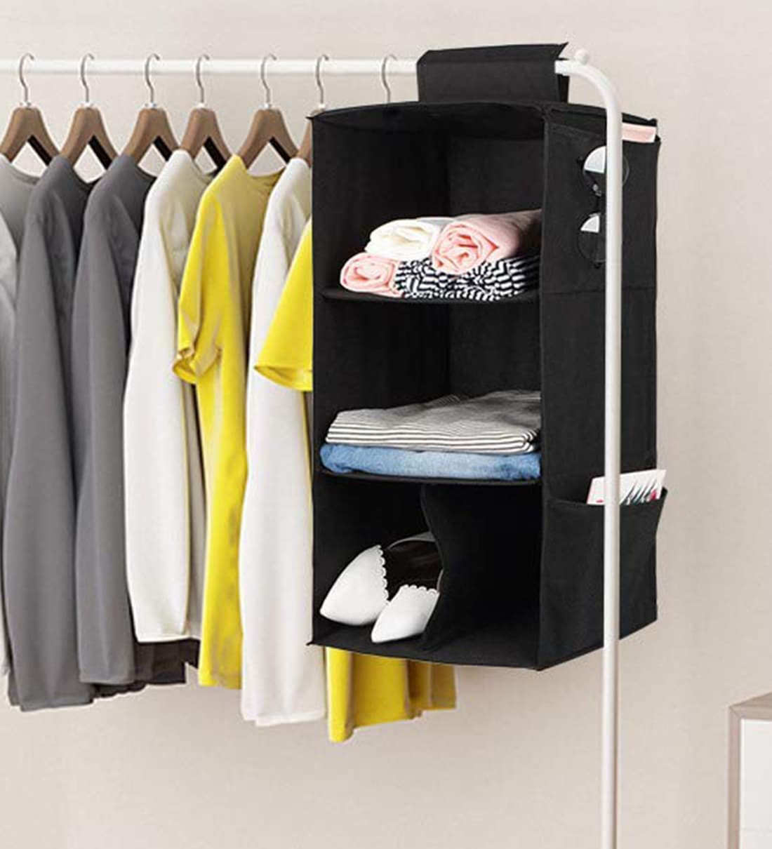 Black Solid Plastic  Foldable Hanging Cloth Organiser With 3 Shelves, By My gift booth