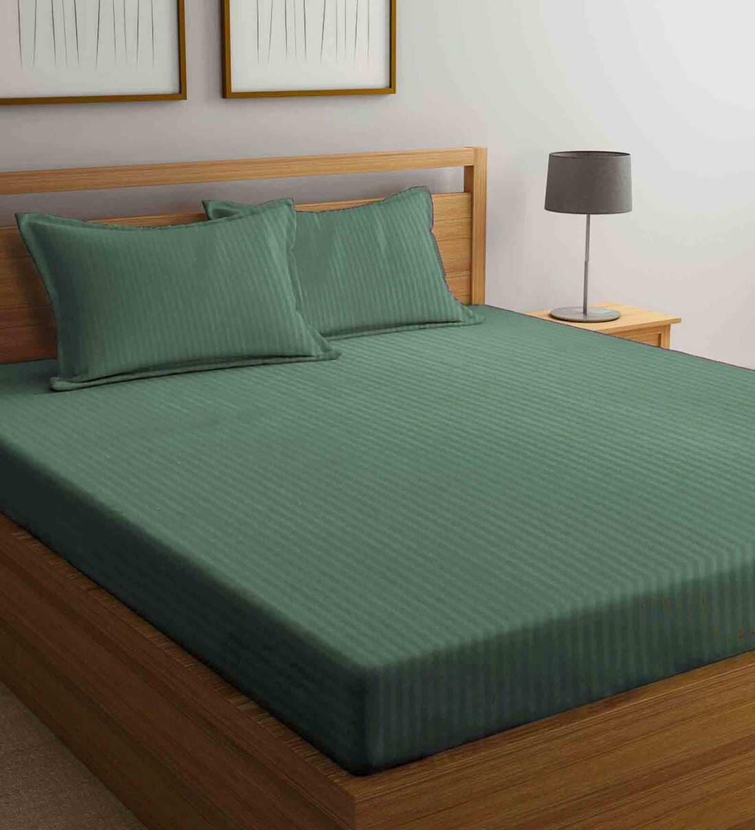 Green Striped 210 TC Poly Cotton King Sized Bed Sheets with 2 Pillow Covers, By Klotthe