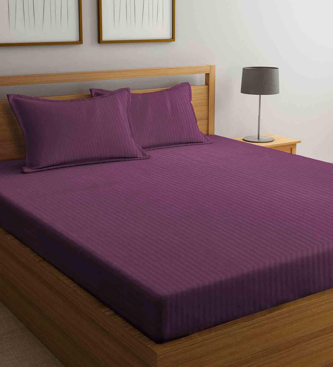 Magenta Striped 210 TC Poly Cotton King Sized Bed Sheets with 2 Pillow Covers, By Klotthe