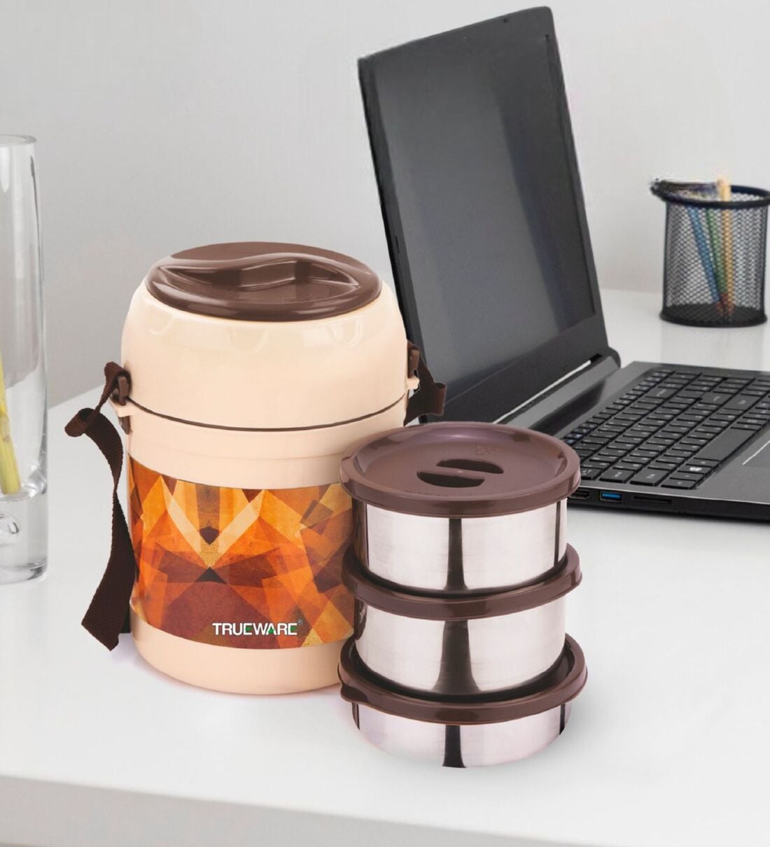 Office Plus Brown Plastic & Steel Thermoware Lunch Box  ( Set Of  3 Container ), By Trueware