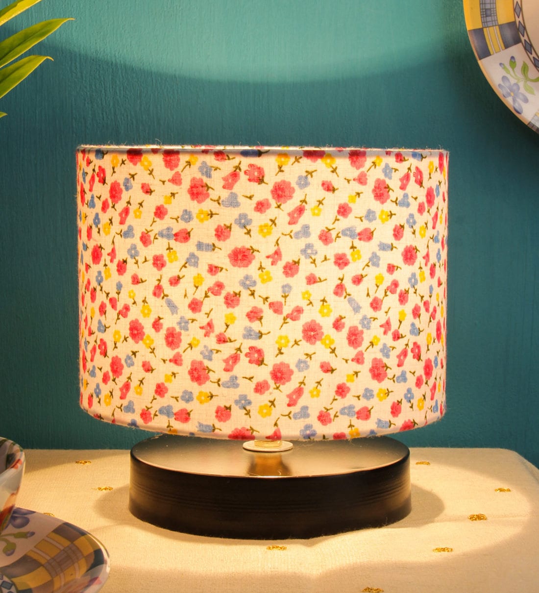 Drum Designer Multicolour Cotton Shade Table Lamp with Black Base, By New Era