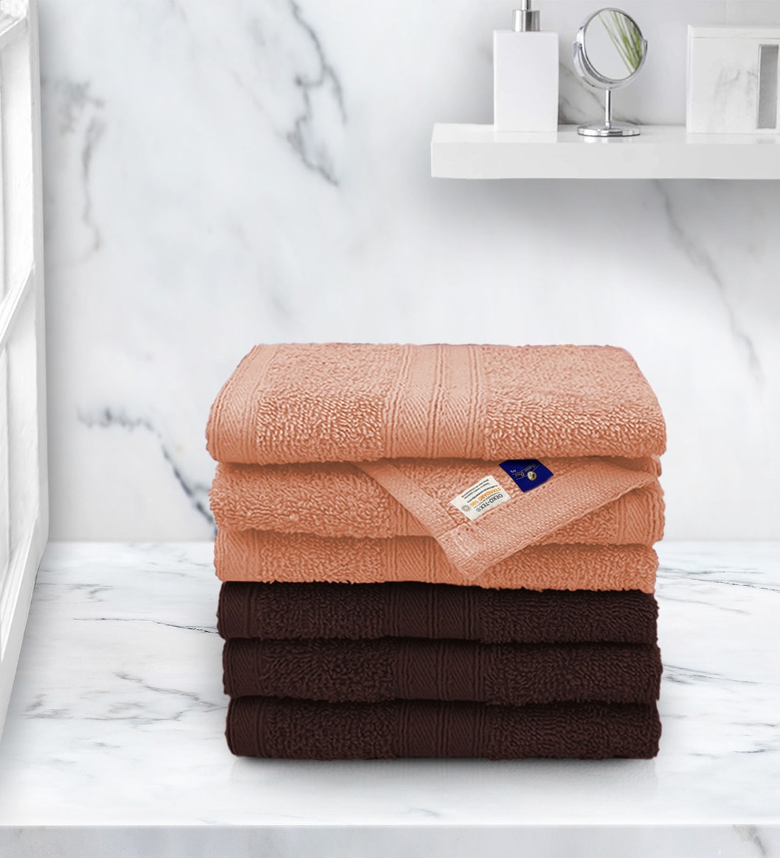Dark Brown and Peach Anatolia Solid 500 GSM Cotton Face Towels (Set Of 6), By Sassoon fab
