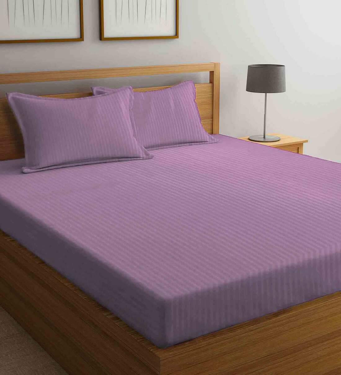 Purple  Striped 210 TC Poly Cotton King Sized Bed Sheets with 2 Pillow Covers, By Klotthe
