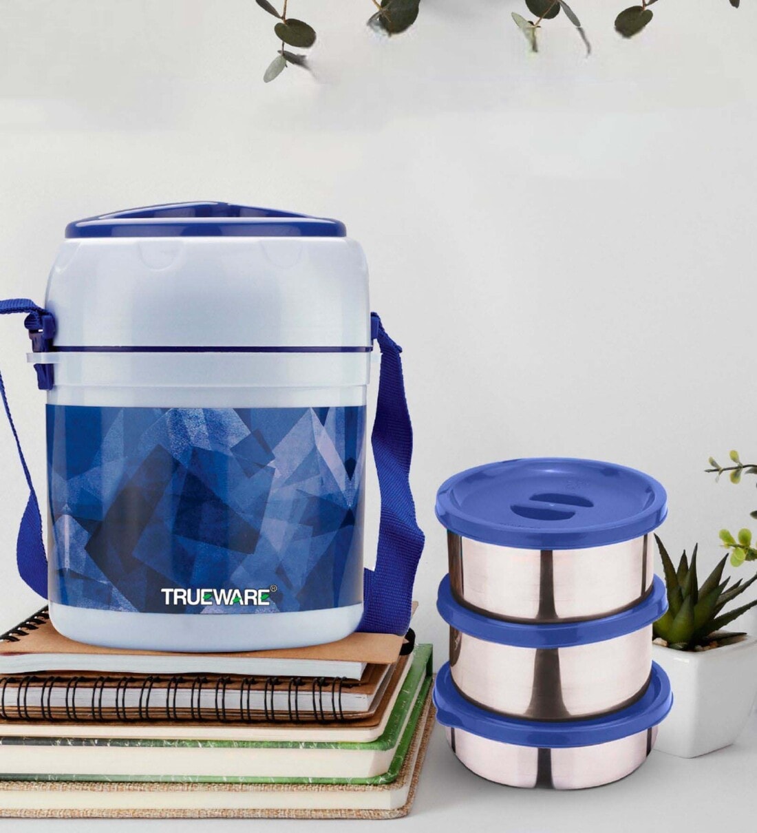Office Plus Dark Blue Plastic & Steel Thermoware Lunch Box  ( Set Of  3 Container ), By Trueware