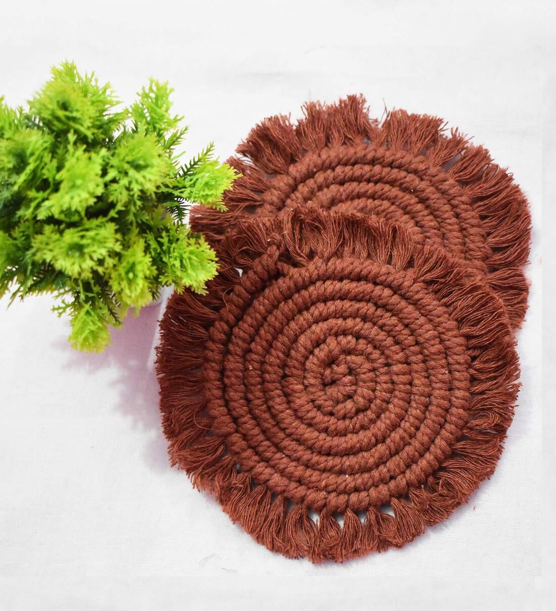 Spiral Brown Macrame (Set of 2) Table Coaster, By Kaahira