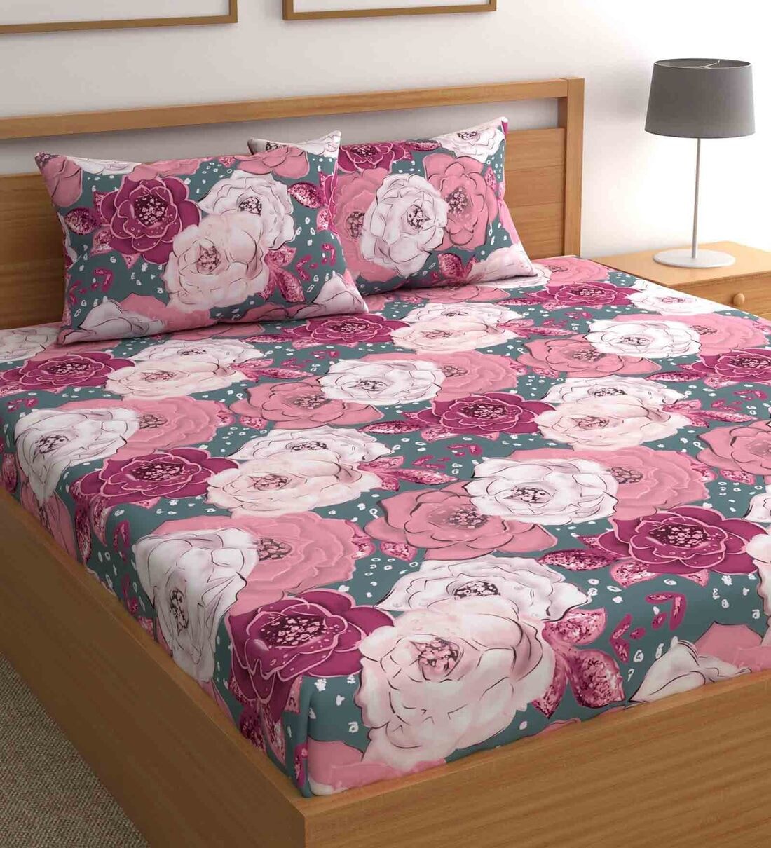 Pink  Floral Bohemya 160 TC Microfiber Queen Sized Bedsheet with 2 Pillow Covers, By CG HOMES