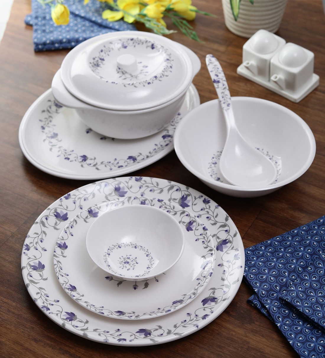 D Core 33 Pcs White & Blue Melamine Dinnerware Set, By Cdi