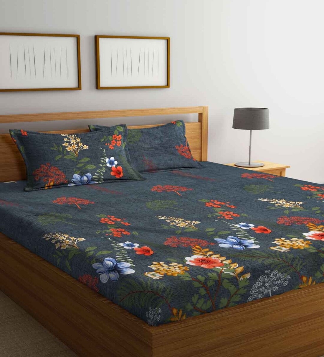 Grey Floral 210 TC Poly Cotton Queen Sized Bed Sheets with 2 Pillow Covers, By Fabinaliv