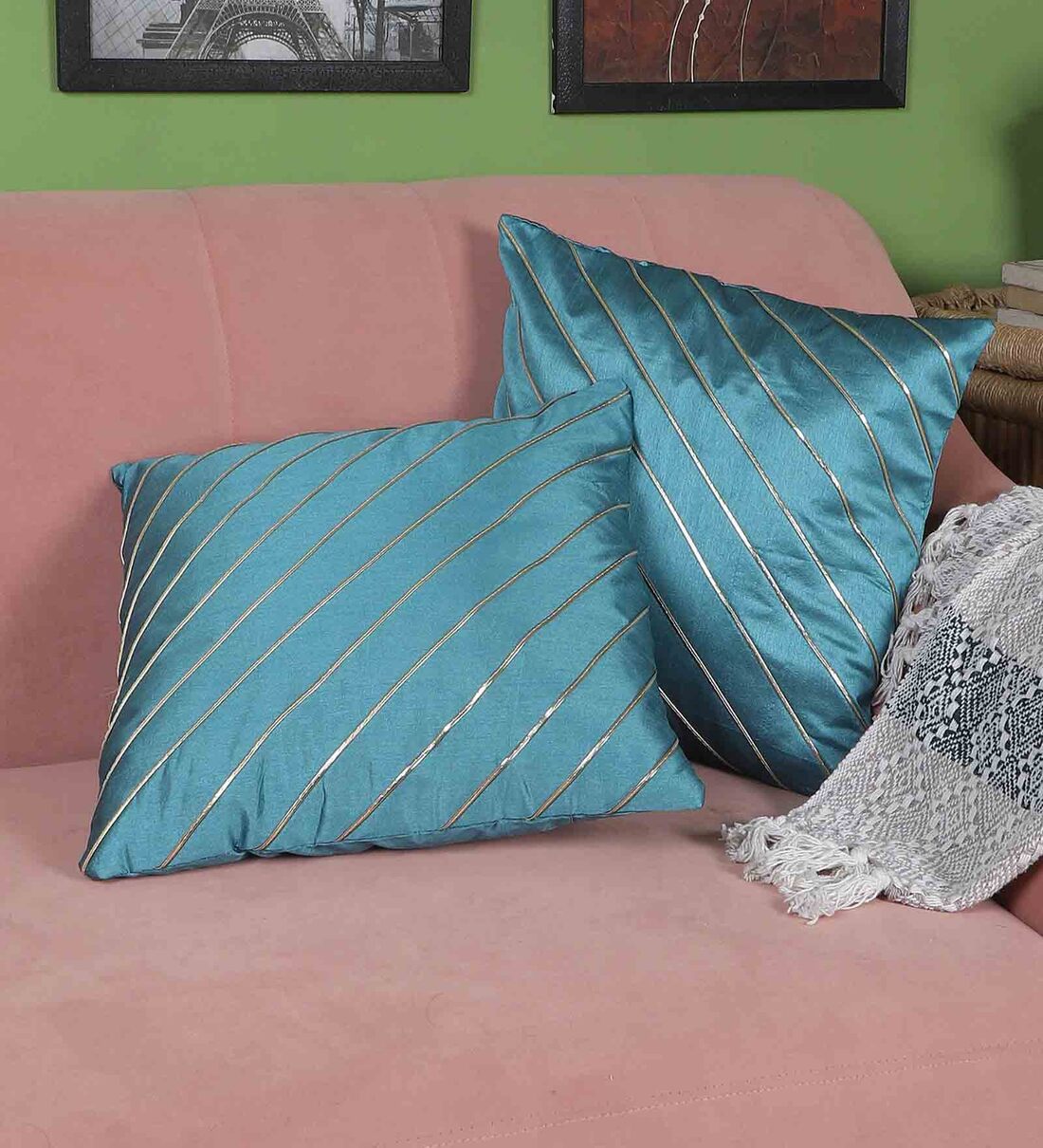 Blue Striped Polyester 16 x 16 Inches Cushion Covers (Set of 2), By MFD Home Furnishing