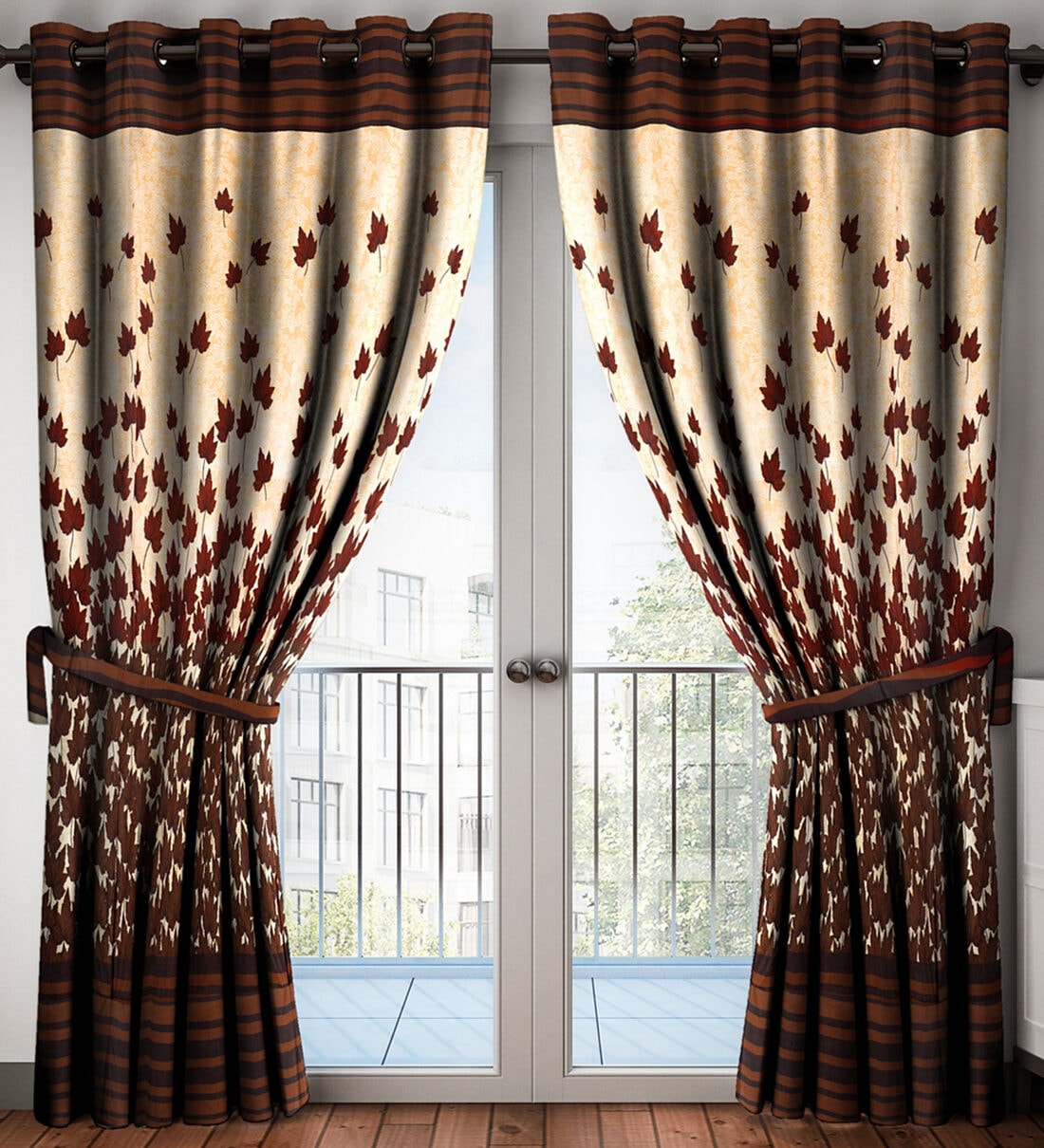 Brown Floral Polyester 7 Ft Semisheer Eyelet Door Curtains (Set of 2), By Home Sizzler