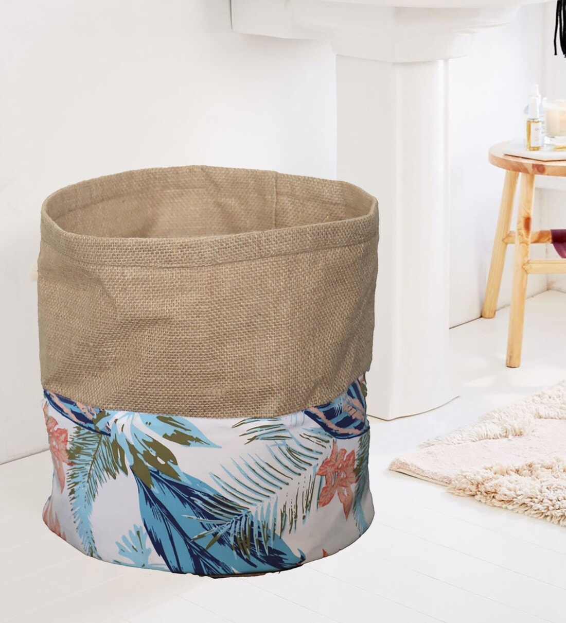 Beige Jute Floral Foldable 40 Ltr Laundry Basket, By My gift booth