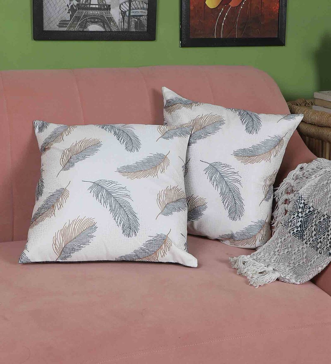 White Floral Leaf Polyester 16 x 16 Inches Cushion Covers (Set of 2), By MFD Home Furnishing