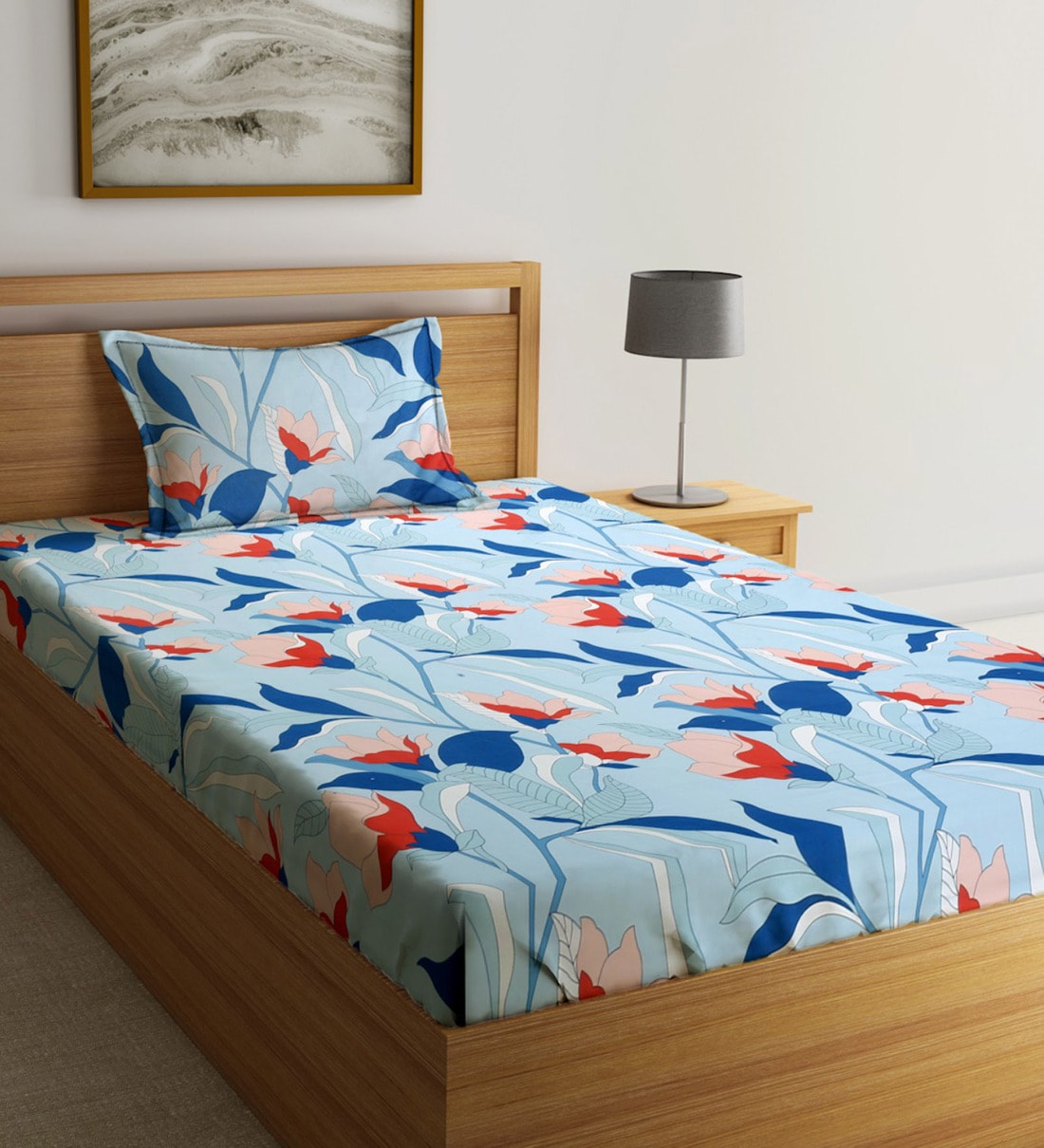 Multicolor Floral 280 TC Glazed Cotton Single Bedsheet with 1 Pillow Cover, By Hosta Homes