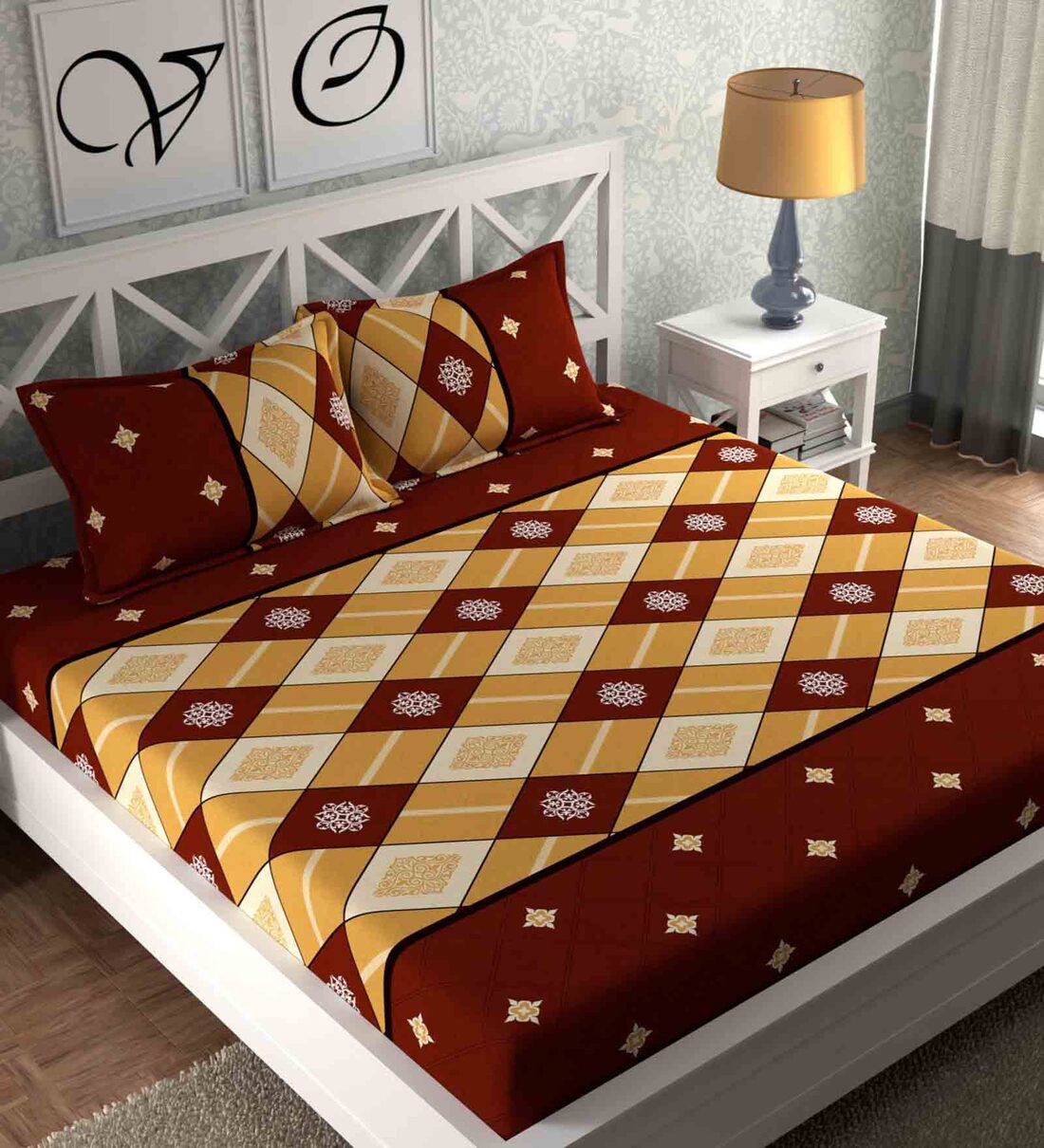 Red Geometric 180 TC Microfiber Queen Sized Bed Sheets with 2 Pillow Covers, By CG HOMES