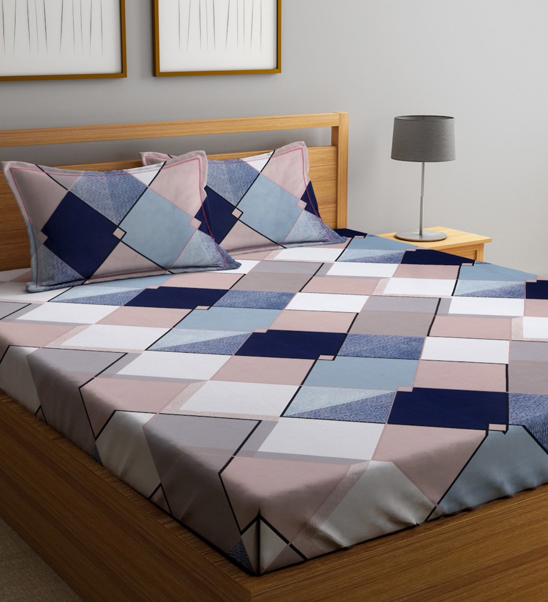 Multicolor Geometric 280 TC Glace Cotton Queen Sized Bedsheet with 2 Pillow Covers, By Hosta Homes