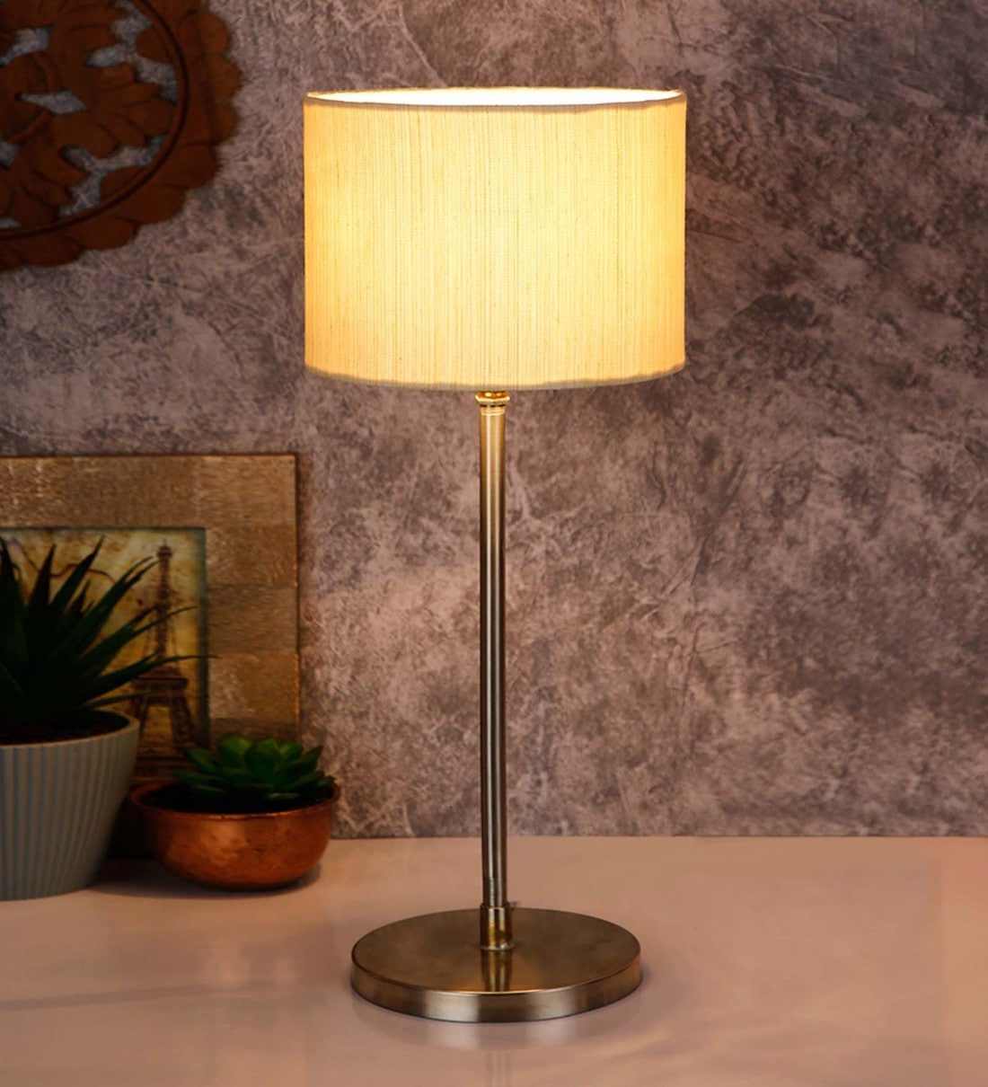 Mylo Off White Cotton Shade Night Lamp With Steel Base, By New Era