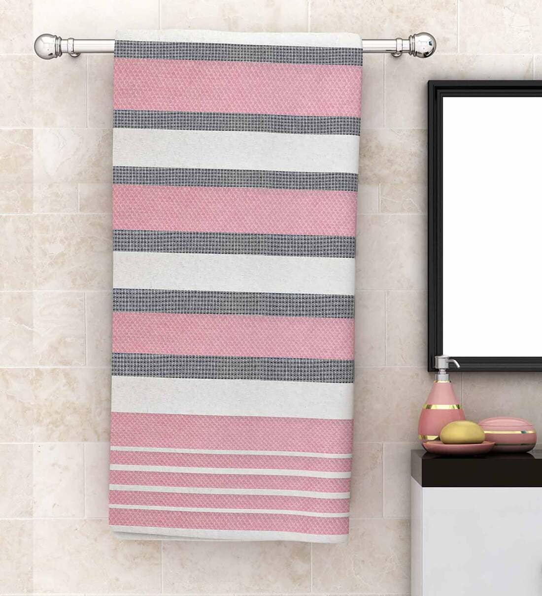 Pink Patterned 210 GSM Cotton Bath Towel, By Athom Living