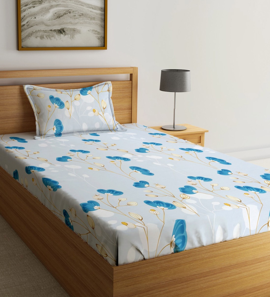 Multicolor Floral 280 TC Glace Cotton Single Bedsheet with 1 Pillow Cover, By Hosta Homes