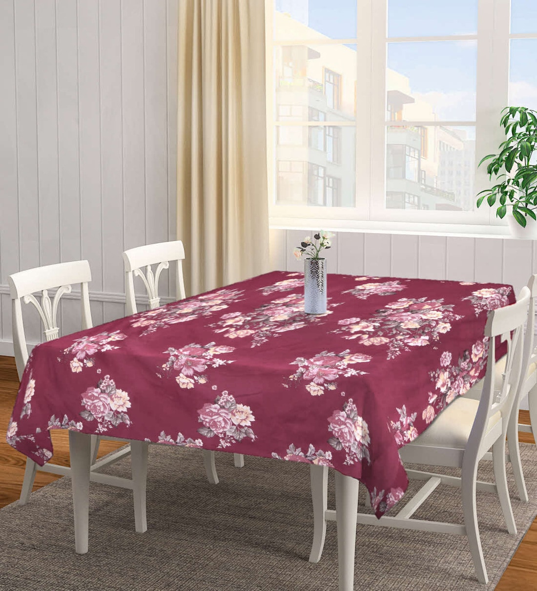 Floral Maroon (72x52) Cotton Blend Table Cover, By Klotthe