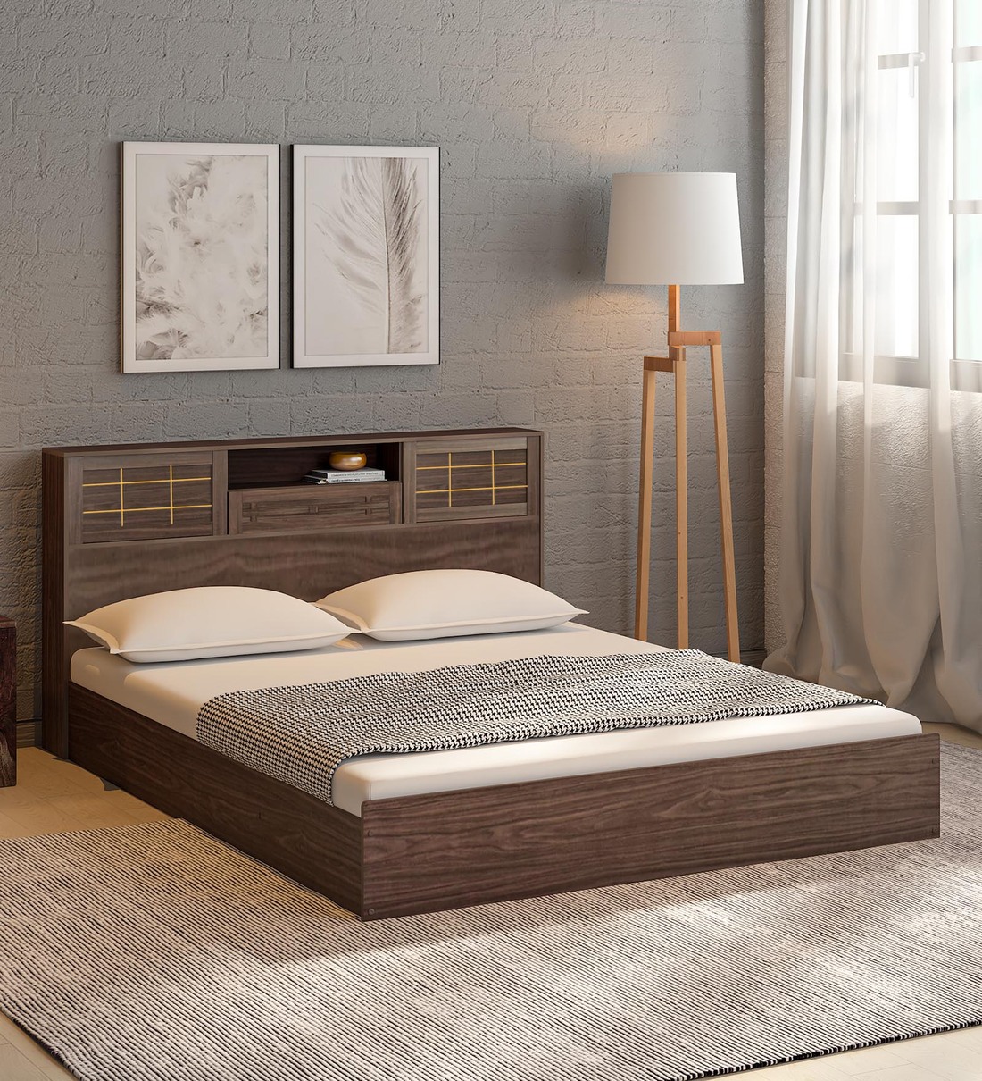 Hideki Goldline King Size Bed in Walnut Finish with Box Storage, By Mintwud from Pepperfry