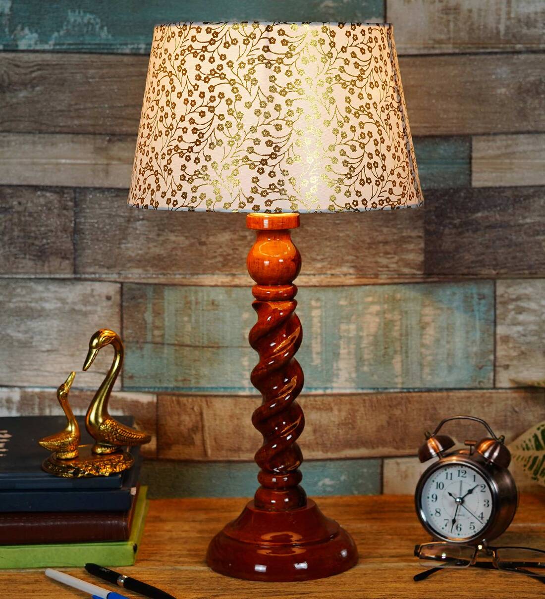 Siena Beige and Gold Fabric Shade Night Lamp With Wood Base, By BrightDaisy