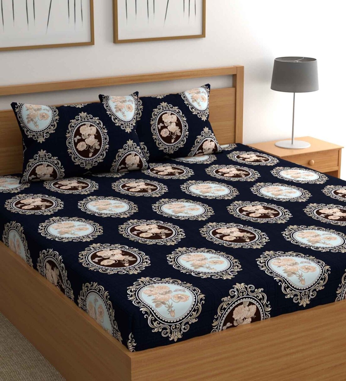 Navy Blue Abstract 210 TC Microfiber Queen Sized Bed Sheets with 2 Pillow Covers, By Chhavi India