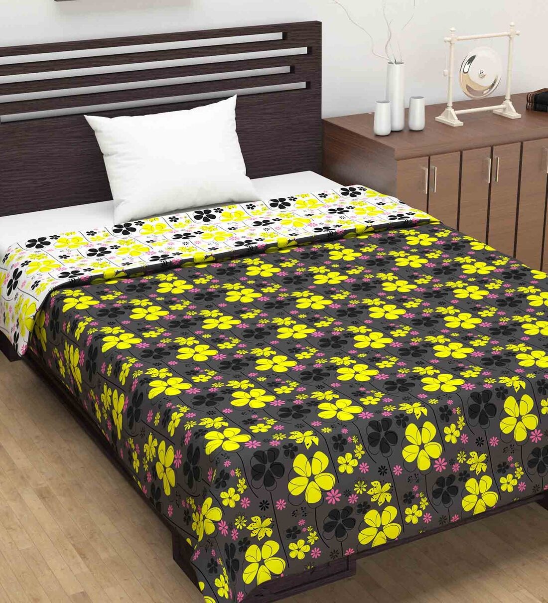 Black Floral Polyester 120 GSM Single Bed Dohar, By Divine Casa
