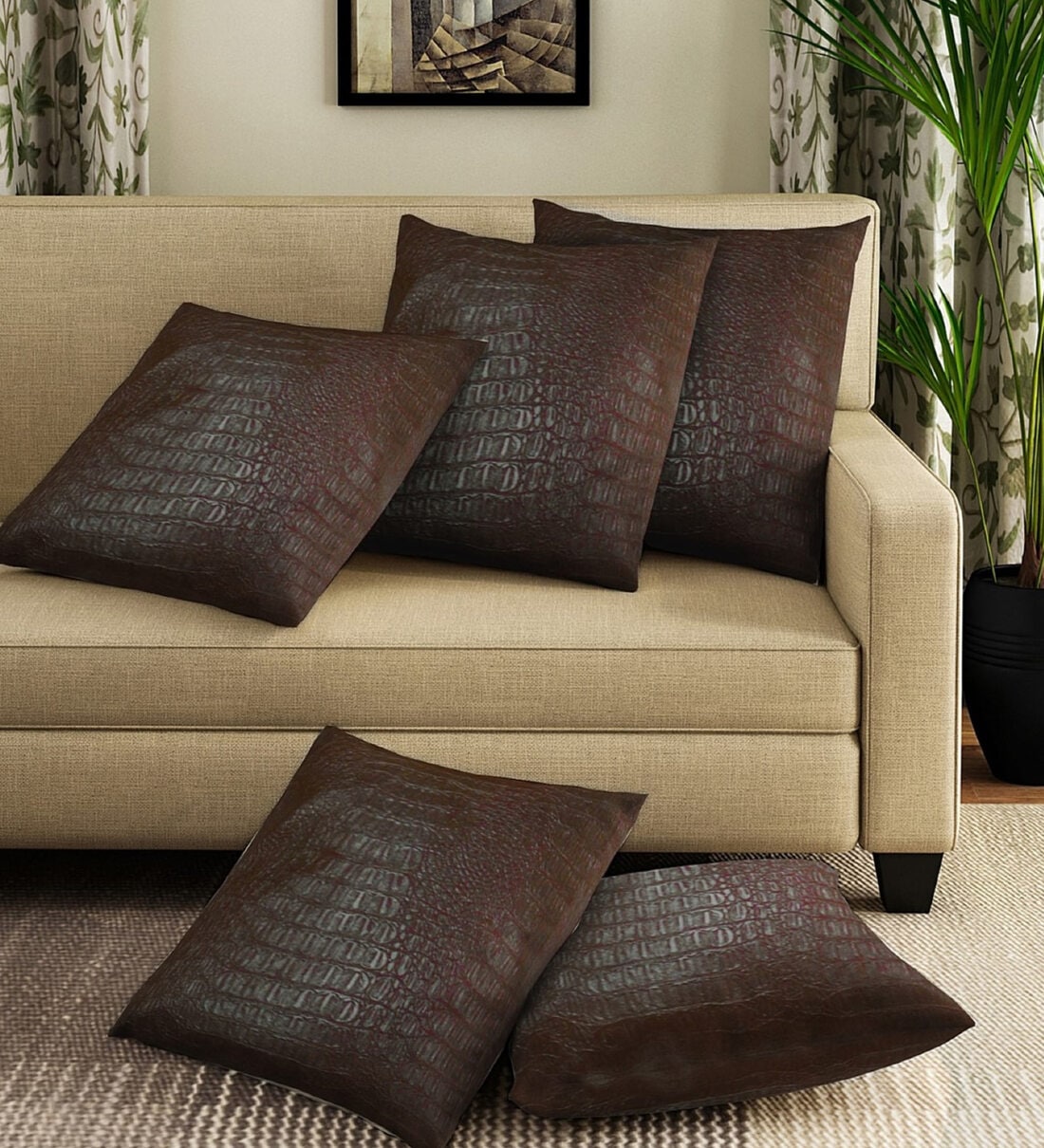 Brown Solid Leather 16 x 16 Inches (Set of 5) Cushion Cover, By Ambbi Collections