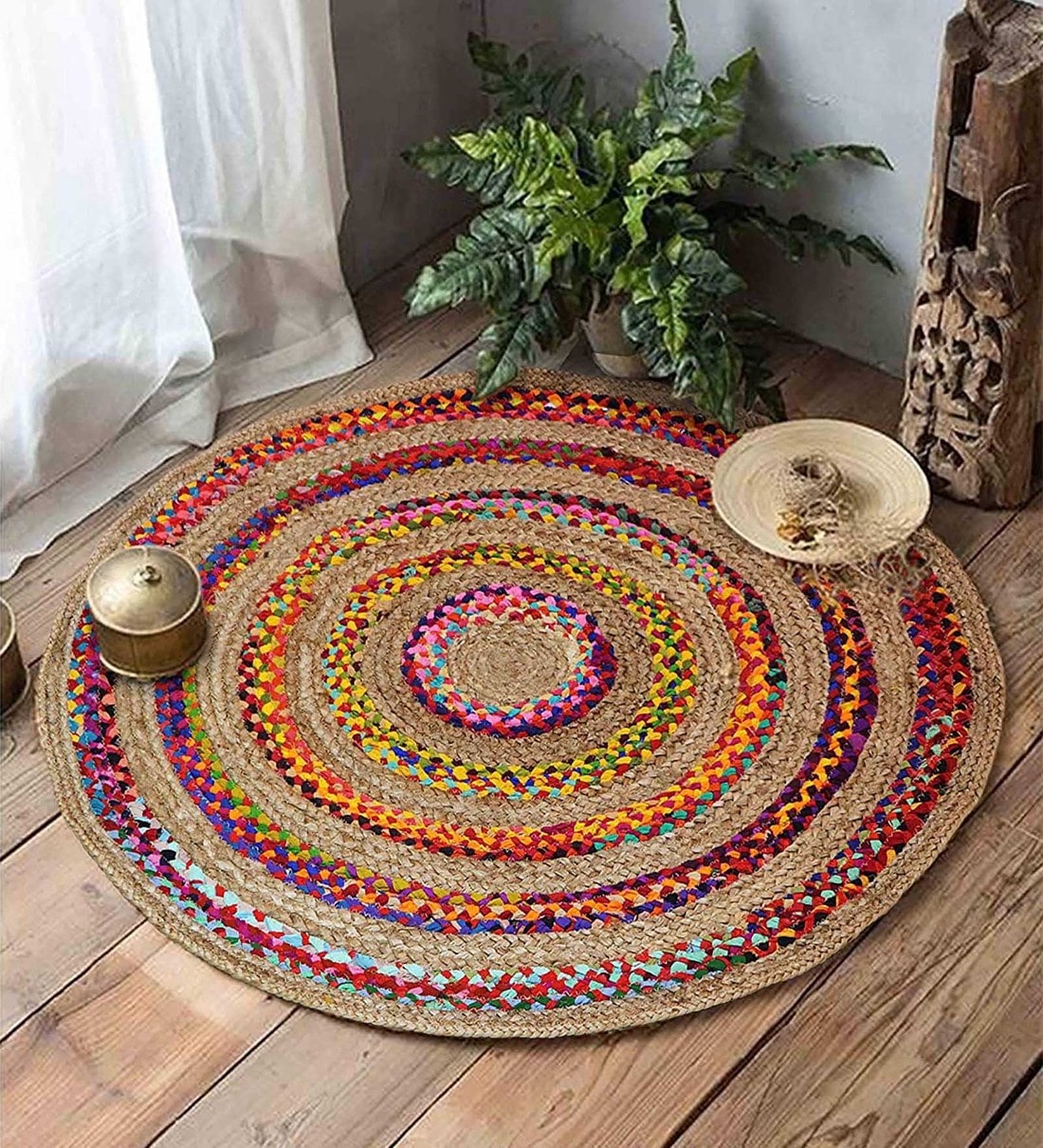 Multicolor Abstract Cotton 3 ft x 3 ft Hand Woven Round Carpet, By The Home Talk