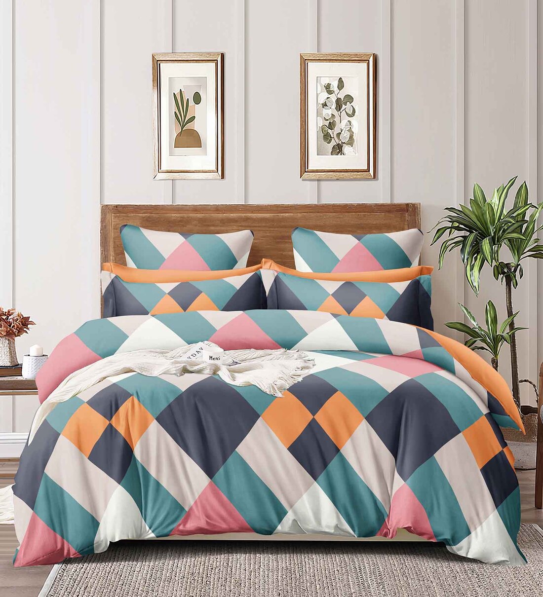 Multicolor Geometric 160 TC Microfibre Queen Sized Bedsheet with 2 Pillow Covers, By Alliance