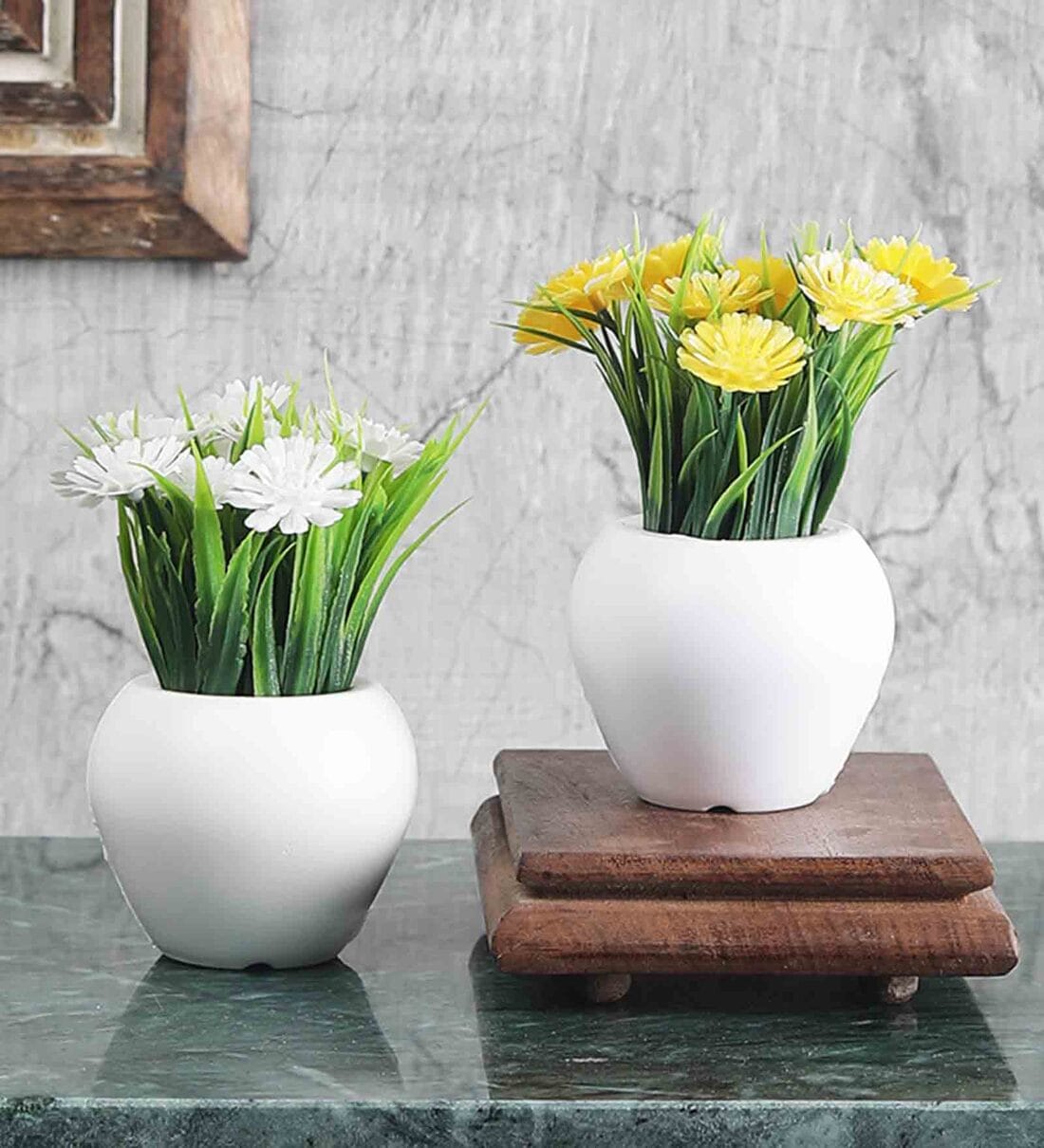 Plastic Green Thin Long Leaves White And Yellow Gerbera Flowers With Pot Set Of 2 Artificial Plants, By Foliyaj