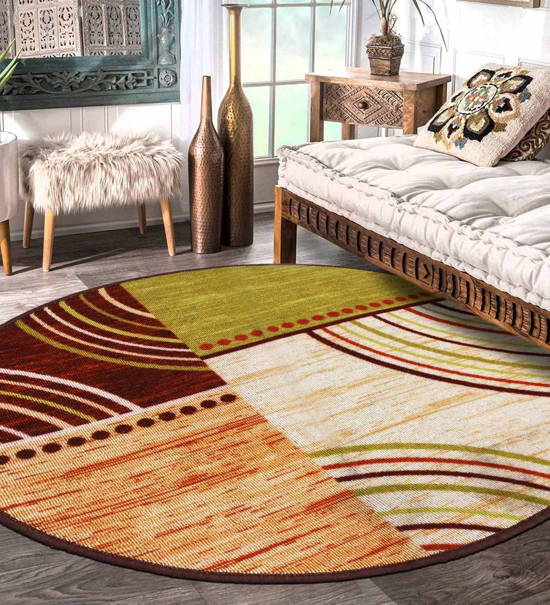 Cream Abstract Polyester 2.5 ft x 2.5 ft Hand Tufted Round Carpet, By Status