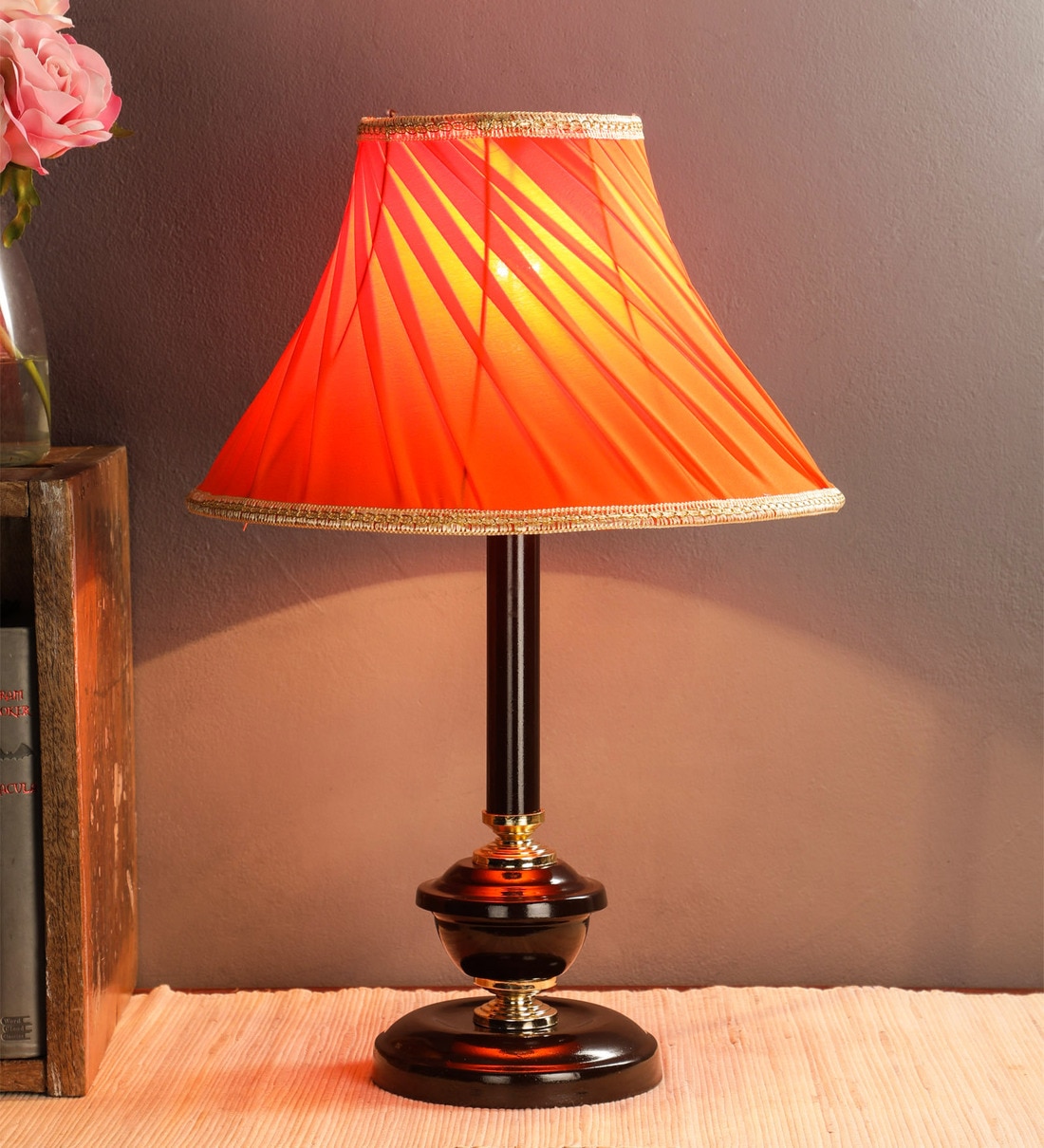 Castle Orange Fabric Shade Night Lamp With Metal Base, By Foziq