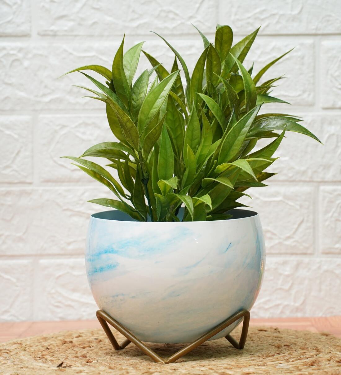 Metal Planter MarbleWhite Print with stand , By Gold Dust