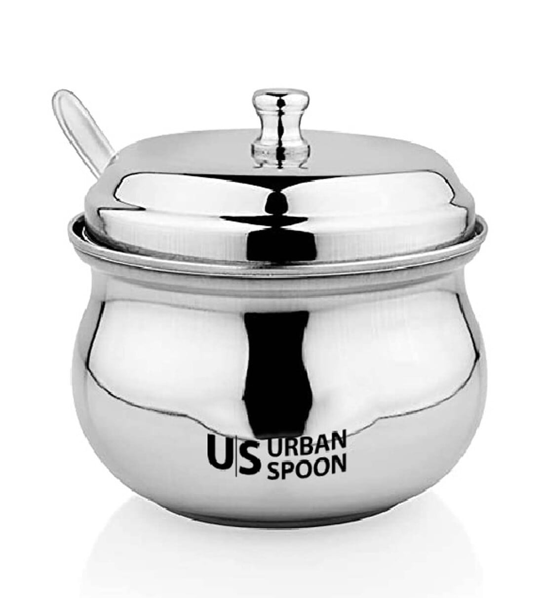 300ml Silver Stainless Steel Ghee Pot With Spoon, By URBANSPOON