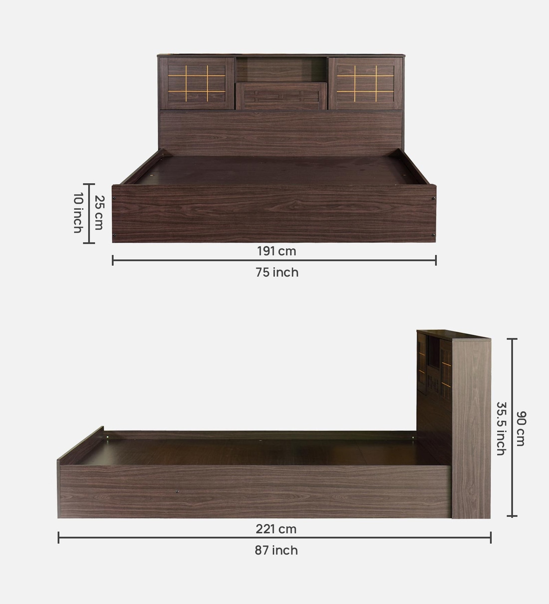 Hideki Goldline King Size Bed in Walnut Finish with Box Storage, By Mintwud from Pepperfry
