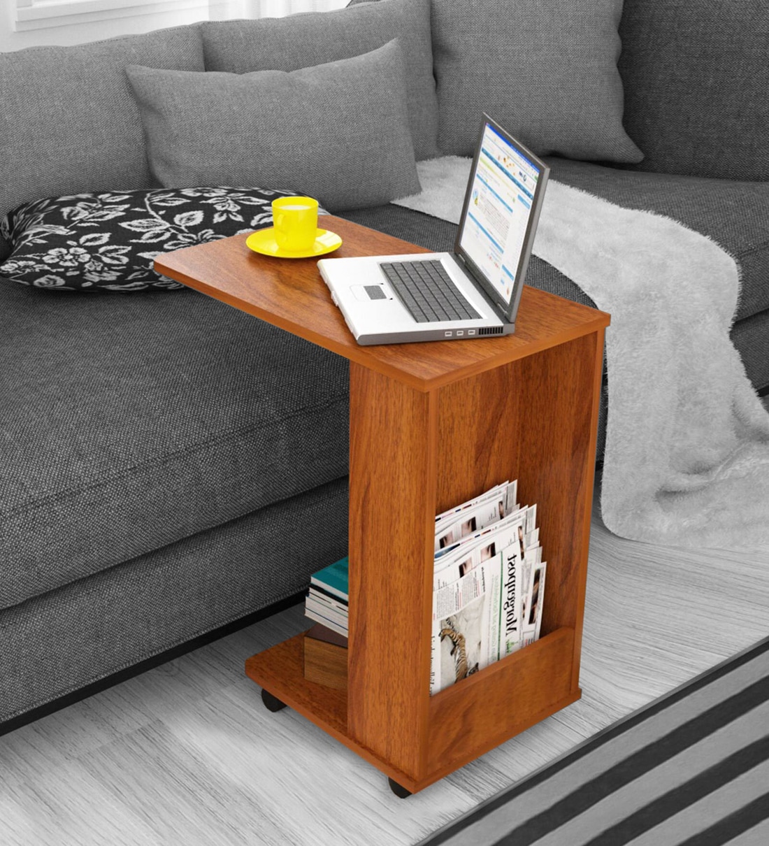 Voyager C-Shape End Table in Brazilian Walnut Finish, By Hoffice