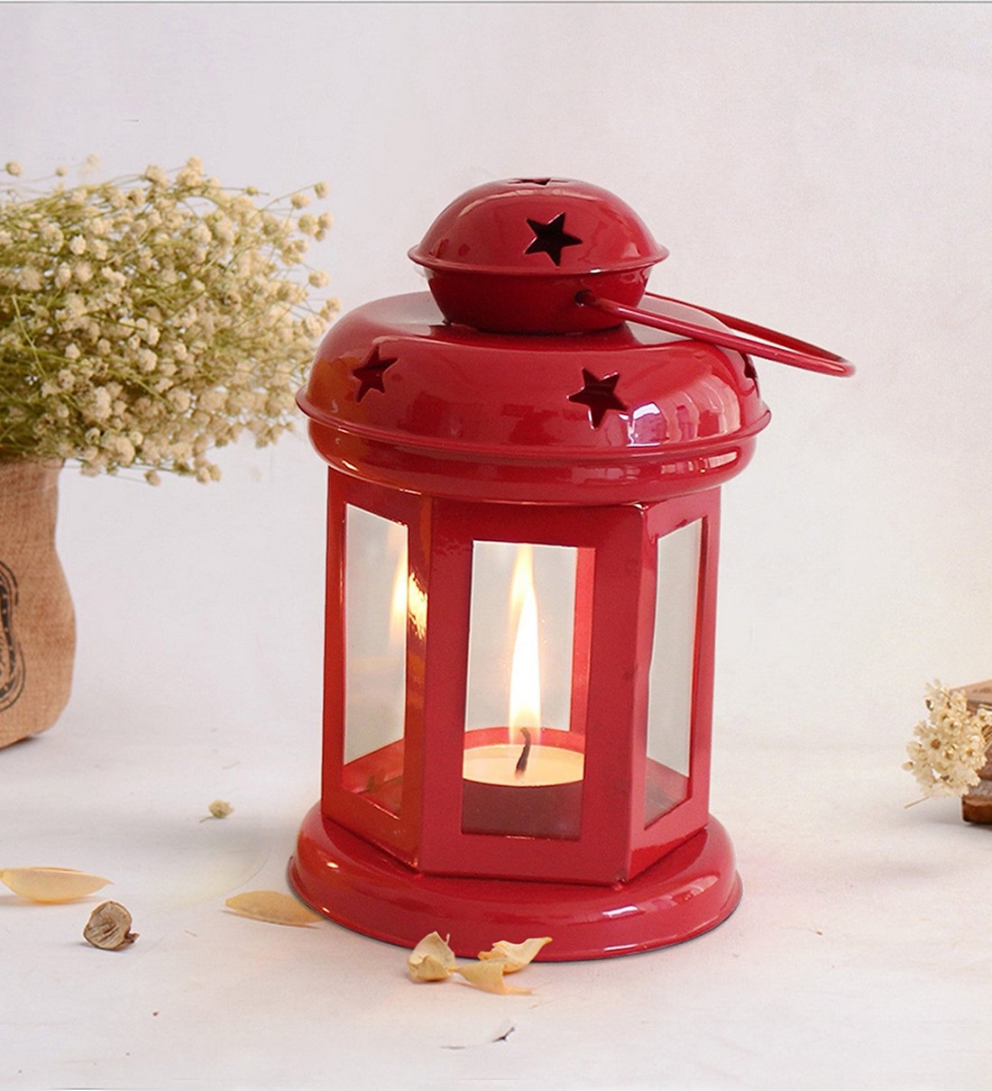 Red Metal Lantern Tea Light Holder, By eCraftIndia