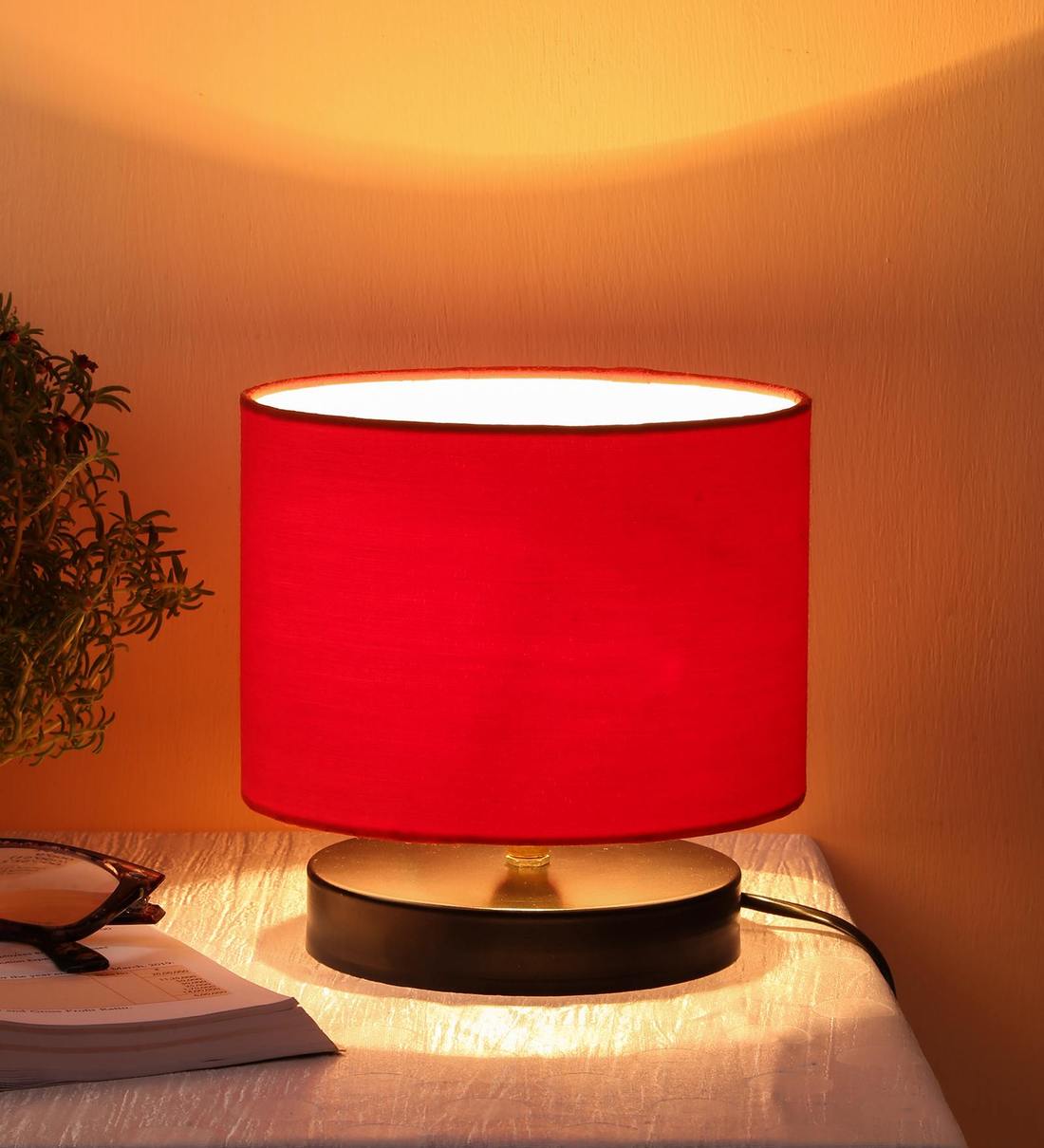 Drum Designer Red Jute Shade Table Lamp With Black Base, By New Era