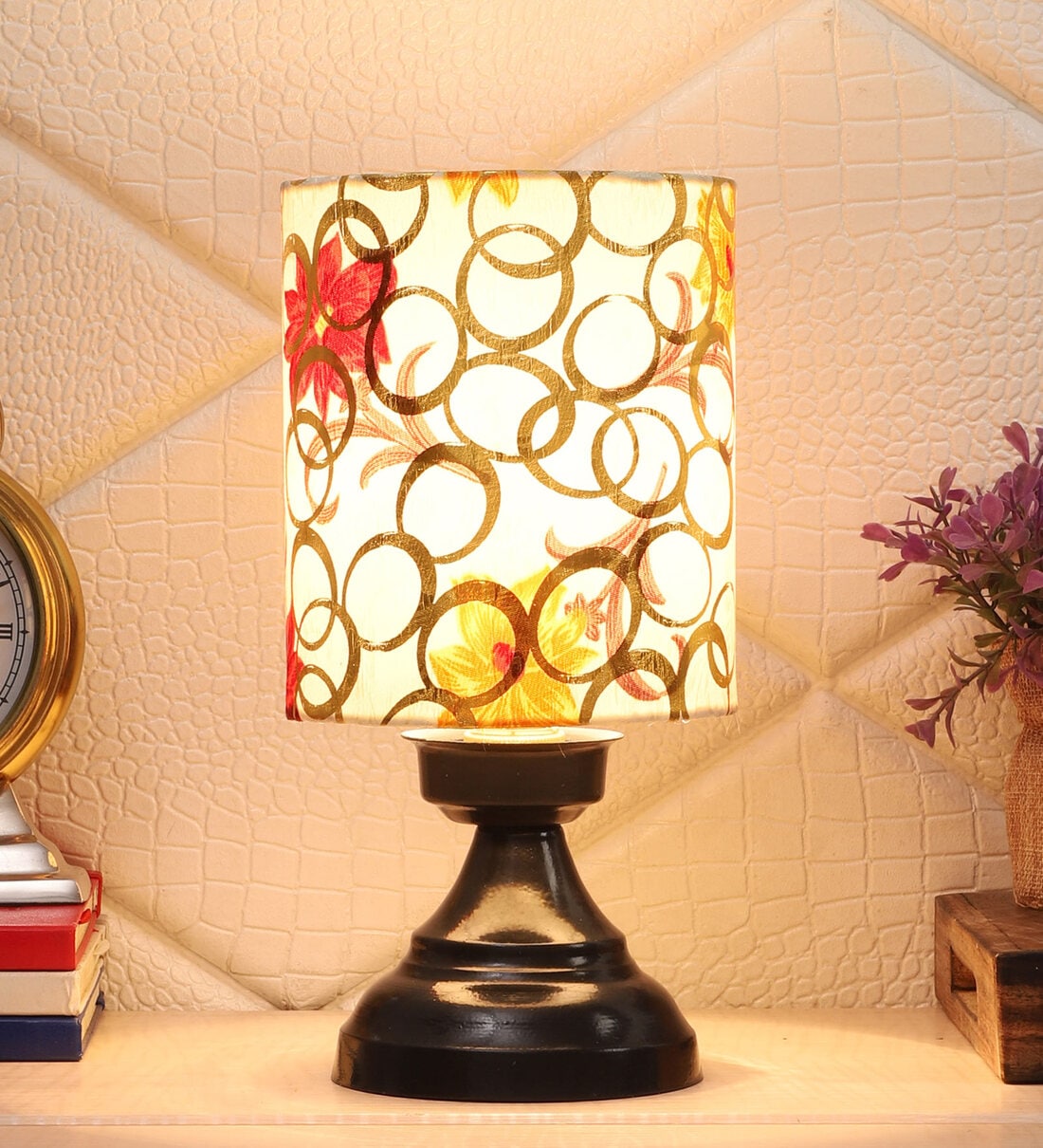 Oval Multicolour Fabric Shade Night Lamp With Metal Base, By Foziq