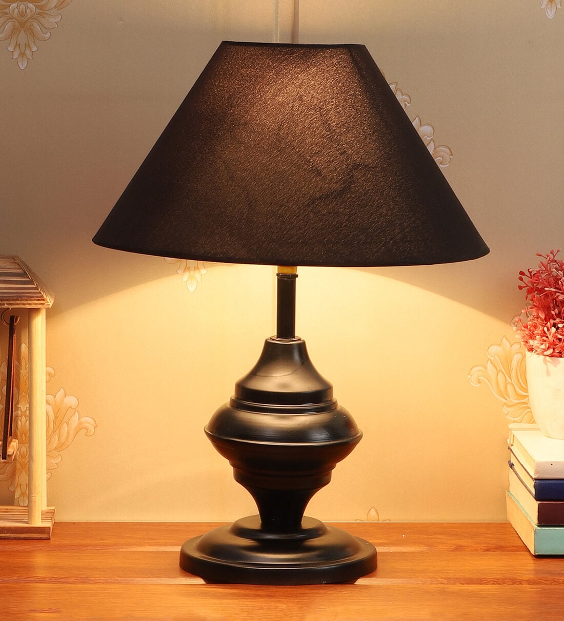 George Black Fabric Shade Night Lamp With Metal Base, By Foziq